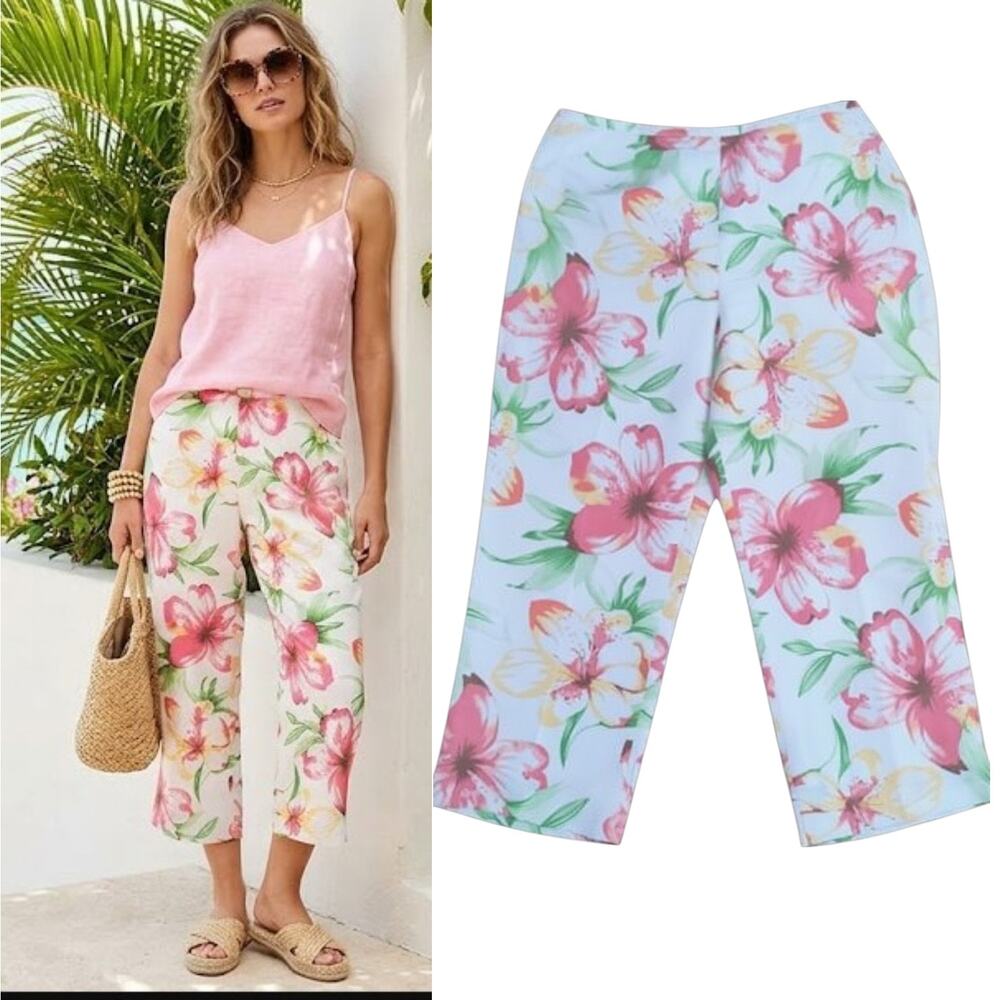Vintage Kula Kula 100% Silk Pants 16 Tropical Floral Coastal Grandma Resortwear